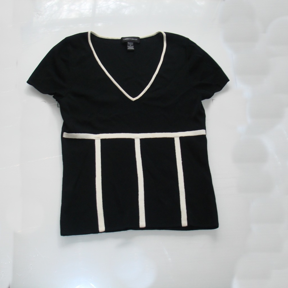 Cable and Gage Top Art Deco Modern Lines Color Blocking Shirt Black and White S